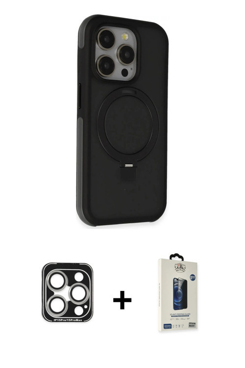 iPhone 15 Pro Max Kılıf Ahenk Yansıma Özel Seri - Siyah Bilvis Hayalet Cam Ekran Koruyucu + Güm