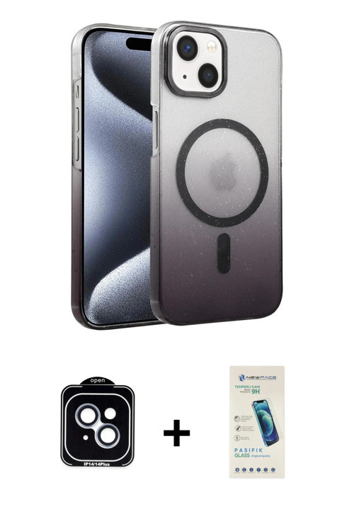 ieg™ iPhone 14 Kılıf Ahenk Doku Özel Seri - Şeffaf Pasifik Cam Ekran Koruyucu + Mavi PVD Metal Kamer
