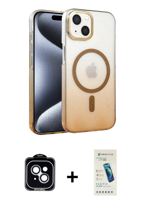 ieg™ iPhone 14 Kılıf Ahenk Doku Özel Seri - Şeffaf Pasifik Cam Ekran Koruyucu + Mavi PVD Metal Kamer