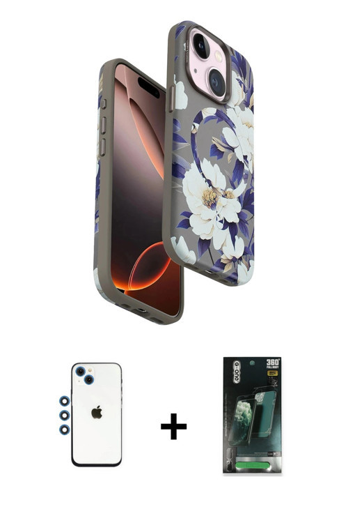 ieg™ iPhone 14 Kılıf Siluet Doku - Şeffaf 360 Full Body Arka Koruyucu + Mavi Shine Kamera Lens