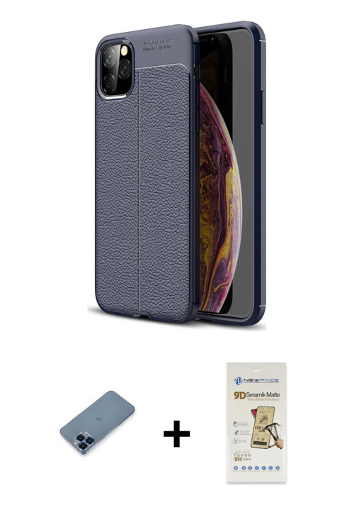 ieg™ iPhone 11 Pro Max Kılıf Doruk Klasik Özel Seri - Siyah Mat Seramik Nano Ekran Koruyucu + Mavi M