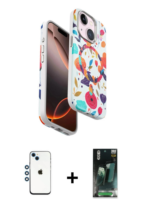 ieg™ iPhone 14 Kılıf Siluet Doku - Şeffaf 360 Full Body Arka Koruyucu + Mavi Shine Kamera Lens
