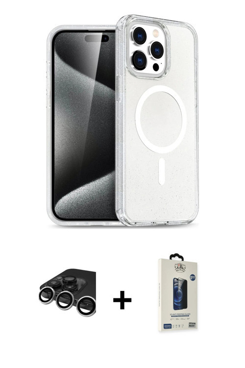 iPhone 15 Pro Kılıf Eksen Doku Koleksiyonu - Siyah Bilvis Hayalet Cam Ekran Koruyucu + Gümüş Ra