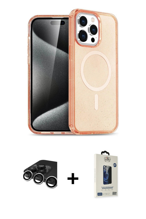iPhone 15 Pro Kılıf Eksen Doku Koleksiyonu - Siyah Bilvis Hayalet Cam Ekran Koruyucu + Gümüş Ra
