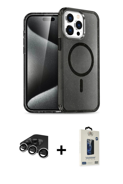 iPhone 15 Pro Kılıf Eksen Doku Koleksiyonu - Siyah Bilvis Hayalet Cam Ekran Koruyucu + Gümüş Ra