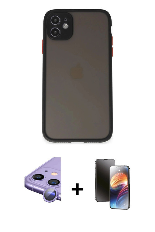ieg™ iPhone 11 Kılıf Ahenk Çizgi Serisi - Siyah 3D Antistatik Mat Seramik Nano Ekran Koruyucu + Mor
