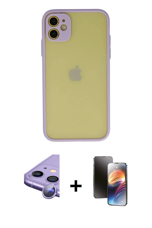 ieg™ iPhone 11 Kılıf Ahenk Çizgi Serisi - Siyah 3D Antistatik Mat Seramik Nano Ekran Koruyucu + Mor