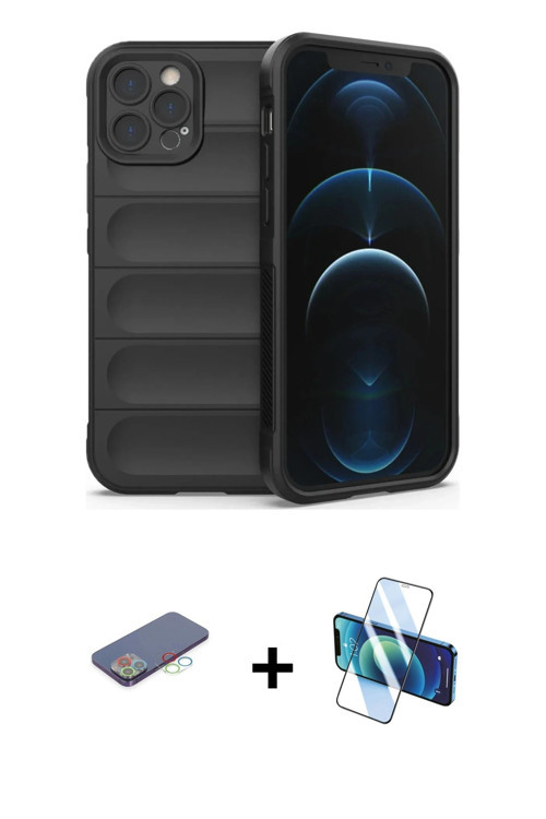 ieg™ iPhone 12 Pro Kılıf Atlas Koleksiyonu - Siyah 3D Antistatik Seramik Nano Ekran Koruyucu + Mavi