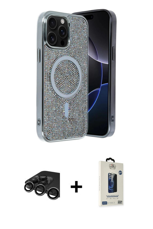 ieg™ iPhone 15 Pro Kılıf Eksen Çizgi - Siyah Bilvis Hayalet Cam Ekran Koruyucu + Titanyum Gri Raze M