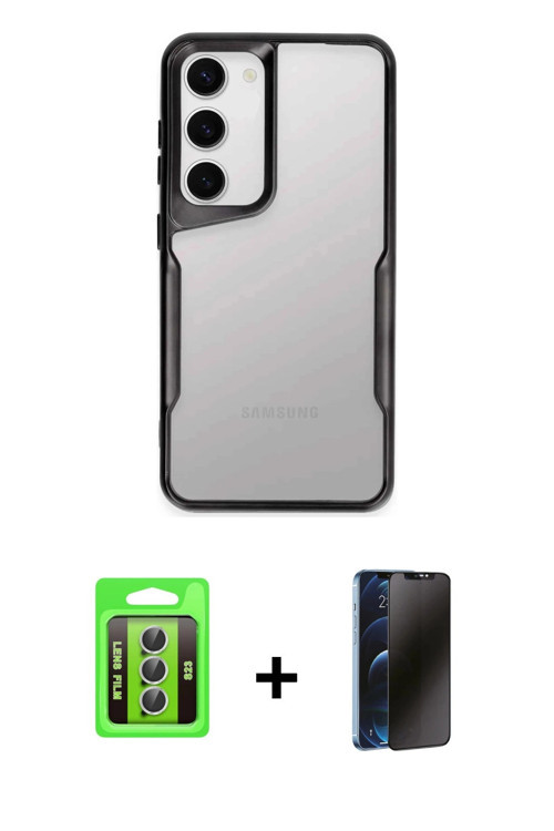 ieg™ Galaxy S23 Kılıf Akış Çizgi Koleksiyonu - Siyah 3D Antistatik Hayalet Cam Ekran Koruyucu + Gümü