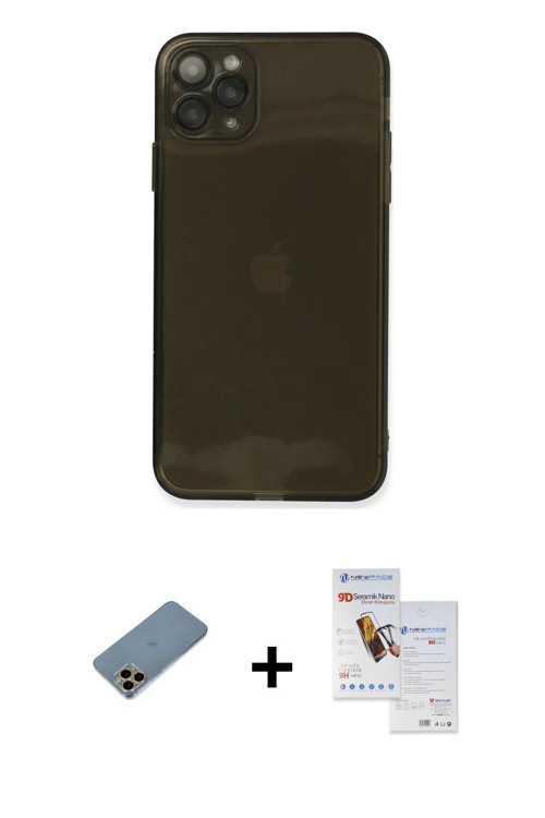 ieg™ iPhone 11 Pro Max Kılıf Ahenk Doku - Siyah Seramik Nano Ekran Koruyucu + Gold Shine Kamera Lens