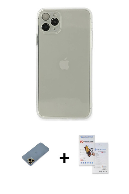 ieg™ iPhone 11 Pro Max Kılıf Ahenk Doku - Siyah Seramik Nano Ekran Koruyucu + Gold Shine Kamera Lens