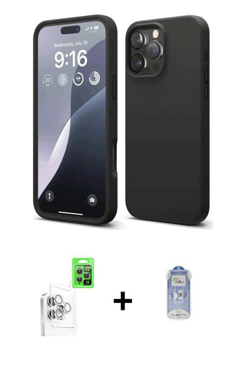ieg™ iPhone 16 Pro Max Kılıf Ahenk Serisi - Siyah Joko Magic 5D Cam + Beyaz Raze Metal Kamera Lens