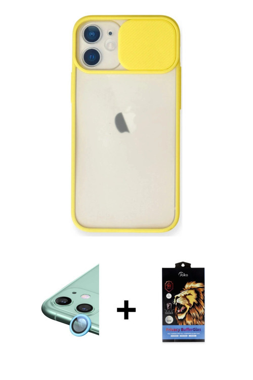 ieg™ iPhone 11 Kılıf Vadi Çizgi - Siyah Buffer Hayalet Cam Ekran Koruyucu + Mavi Raze Metal Kamera L