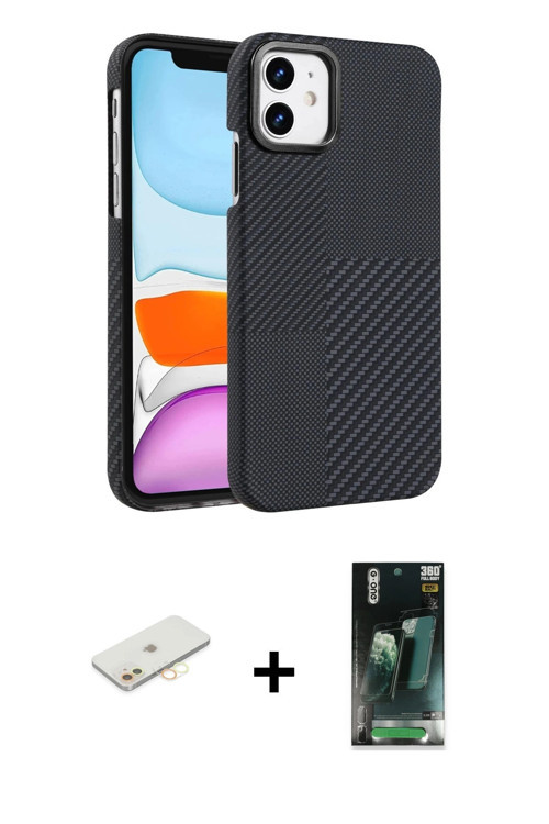 ieg™ iPhone 11 Kılıf Doruk Serisi - Şeffaf 360 Full Body Arka Koruyucu + Sarı Renkli Kamera Lens Kor
