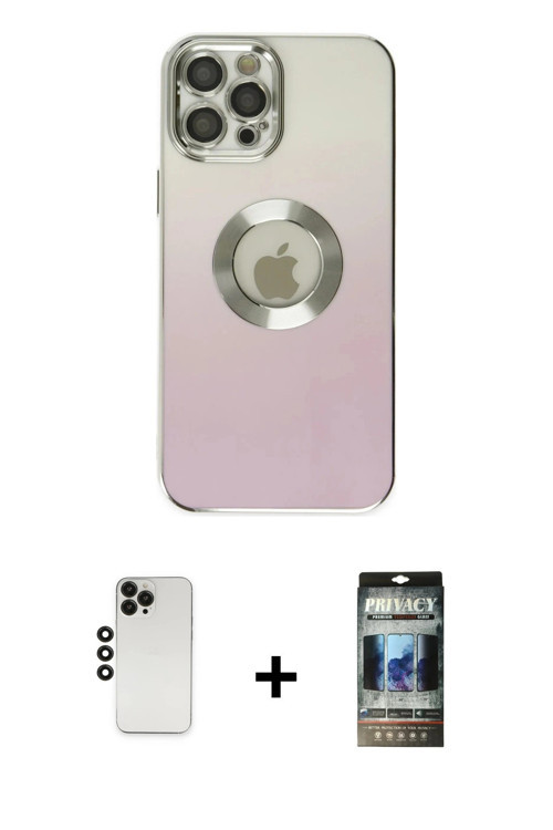 ieg™ iPhone 12 Pro Kılıf Kutup Yansıma Özel Seri - Siyah 34D Hayalet Izgaralı Cam + Siyah Shine Kame