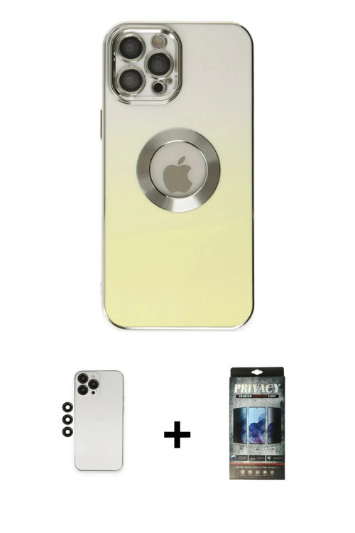 ieg™ iPhone 12 Pro Kılıf Kutup Yansıma Özel Seri - Siyah 34D Hayalet Izgaralı Cam + Siyah Shine Kame