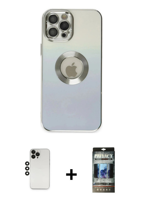 ieg™ iPhone 12 Pro Kılıf Kutup Yansıma Özel Seri - Siyah 34D Hayalet Izgaralı Cam + Siyah Shine Kame