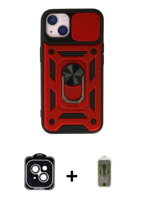 ieg™ iPhone 14 Kılıf Ahenk Klasik - Siyah Joko Magic 5D Hayalet Cam + Yeşil PVD Metal Kamera Lens