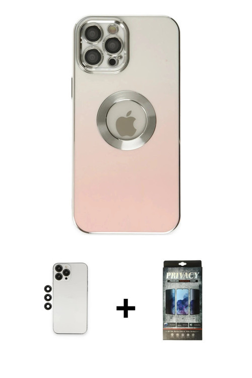 ieg™ iPhone 12 Pro Kılıf Kutup Yansıma Özel Seri - Siyah 34D Hayalet Izgaralı Cam + Siyah Shine Kame