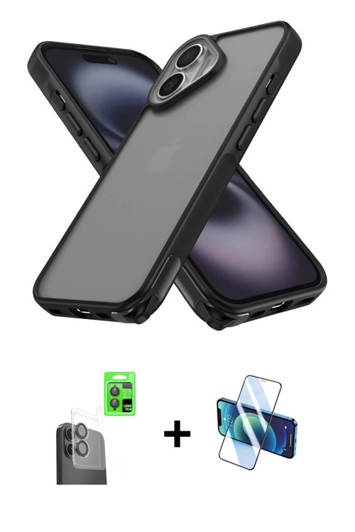 ieg™ iPhone 16 Kılıf Atlas Form - Siyah 3D Antistatik Seramik Nano Ekran Koruyucu + Siyah Raze Metal
