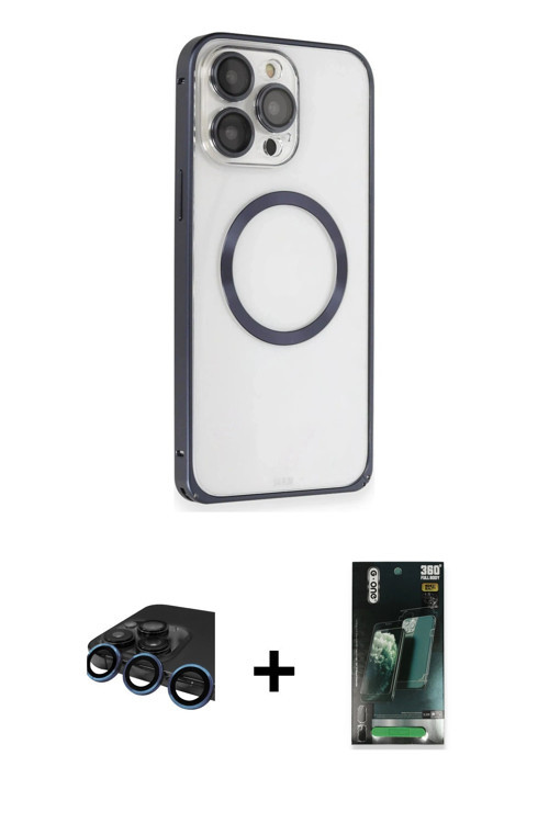 ieg™ iPhone 15 Pro Max Kılıf Ahenk Işık Serisi - Siyah 360 Mat Full Body Arka Koruyucu + Lacivert Ra