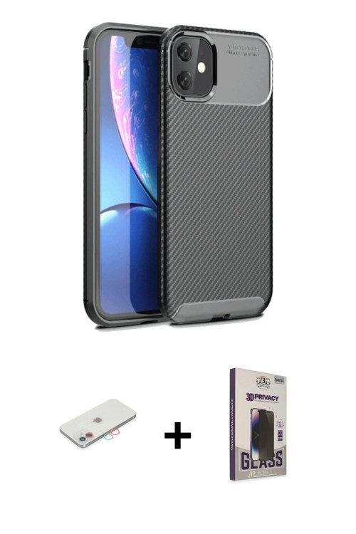 ieg™ iPhone 11 Kılıf Eksen Form Prime - Siyah Bilvis Hayalet Cam Ekran Koruyucu + Pembe Renkli Kamer