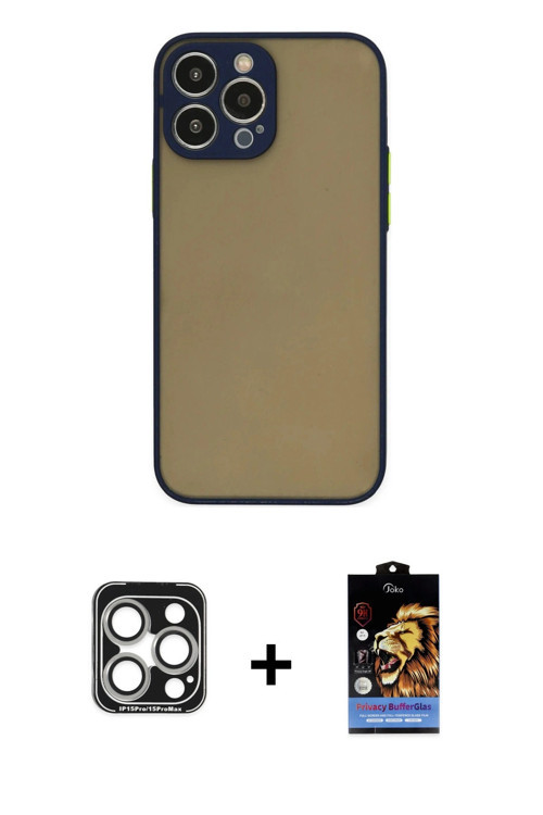 ieg™ iPhone 15 Pro Max Kılıf Ahenk Çizgi Serisi - Siyah Buffer Hayalet Cam Ekran Koruyucu + Gümüş PV