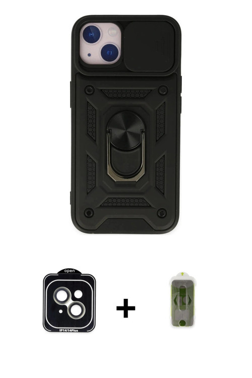 ieg™ iPhone 14 Kılıf Ahenk Klasik - Siyah Joko Magic 5D Hayalet Cam + Yeşil PVD Metal Kamera Lens