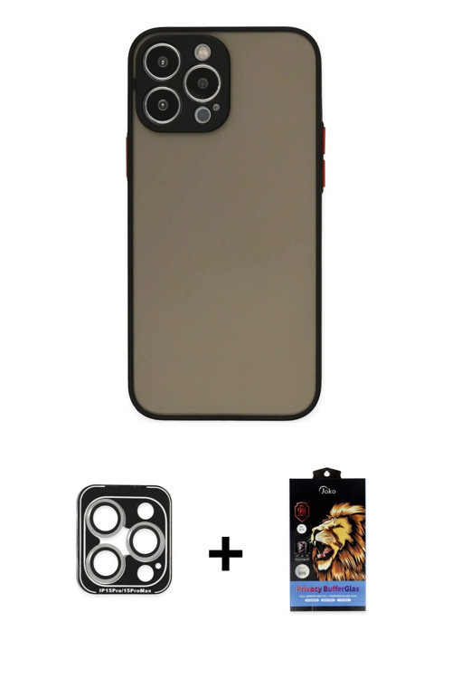 ieg™ iPhone 15 Pro Max Kılıf Ahenk Çizgi Serisi - Siyah Buffer Hayalet Cam Ekran Koruyucu + Gümüş PV