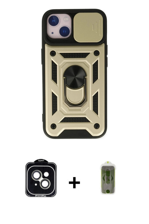 ieg™ iPhone 14 Kılıf Ahenk Klasik - Siyah Joko Magic 5D Hayalet Cam + Yeşil PVD Metal Kamera Lens