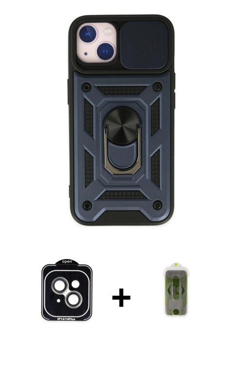 ieg™ iPhone 14 Kılıf Ahenk Klasik - Siyah Joko Magic 5D Hayalet Cam + Yeşil PVD Metal Kamera Lens