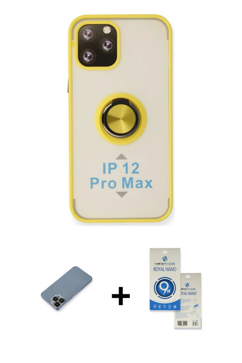 ieg™ iPhone 12 Pro Max Kılıf Yörünge Çizgi - Şeffaf Royal Nano Ekran Koruyucu + Siyah Metal Kamera L