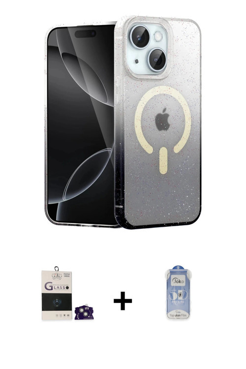 ieg™ iPhone 15 Kılıf Eksen Minimal Özel Seri - Siyah Joko Magic 5D Cam + Yeşil Bilvis Titan Kamera L