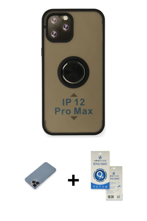 ieg™ iPhone 12 Pro Max Kılıf Yörünge Çizgi - Şeffaf Royal Nano Ekran Koruyucu + Siyah Metal Kamera L