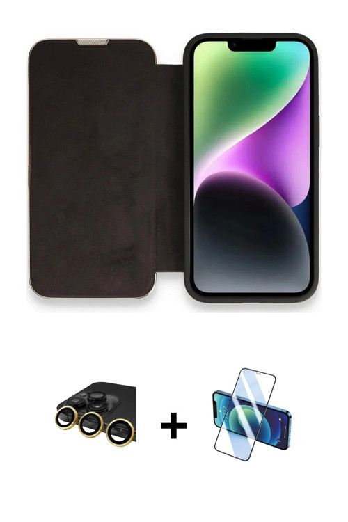 ieg™ iPhone 14 Pro Kılıf Siluet Minimal Serisi - Siyah 3D Antistatik Cam Ekran Koruyucu + Gold Raze
