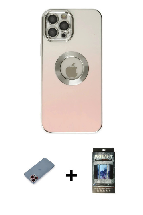 ieg™ iPhone 12 Pro Kılıf Kutup Yansıma Özel Seri - Siyah 34D Hayalet Izgaralı Cam + Kırmızı Metal Ka