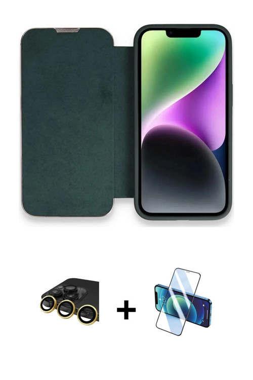 ieg™ iPhone 14 Pro Kılıf Siluet Minimal Serisi - Siyah 3D Antistatik Cam Ekran Koruyucu + Gold Raze