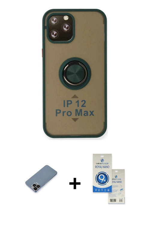 ieg™ iPhone 12 Pro Max Kılıf Yörünge Çizgi - Şeffaf Royal Nano Ekran Koruyucu + Siyah Metal Kamera L