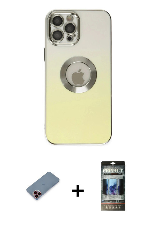 ieg™ iPhone 12 Pro Kılıf Kutup Yansıma Özel Seri - Siyah 34D Hayalet Izgaralı Cam + Kırmızı Metal Ka