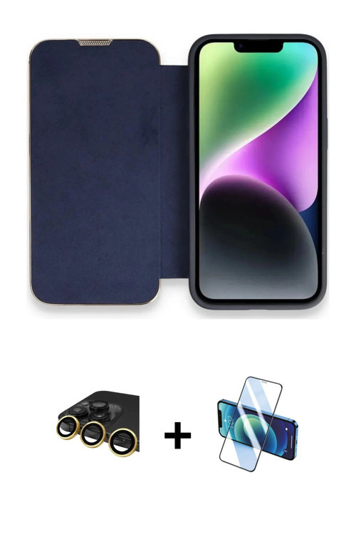 ieg™ iPhone 14 Pro Kılıf Siluet Minimal Serisi - Siyah 3D Antistatik Cam Ekran Koruyucu + Gold Raze