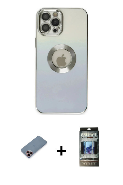 ieg™ iPhone 12 Pro Kılıf Kutup Yansıma Özel Seri - Siyah 34D Hayalet Izgaralı Cam + Kırmızı Metal Ka