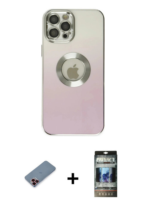 ieg™ iPhone 12 Pro Kılıf Kutup Yansıma Özel Seri - Siyah 34D Hayalet Izgaralı Cam + Kırmızı Metal Ka