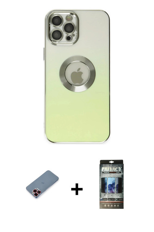 ieg™ iPhone 12 Pro Kılıf Kutup Yansıma Özel Seri - Siyah 34D Hayalet Izgaralı Cam + Kırmızı Metal Ka