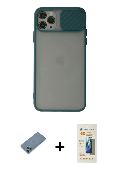 ieg™ iPhone 11 Pro Kılıf Vadi Çizgi - Siyah 6D Mat Seramik Hayalet Nano Ekran Koruyucu + Mavi Shine