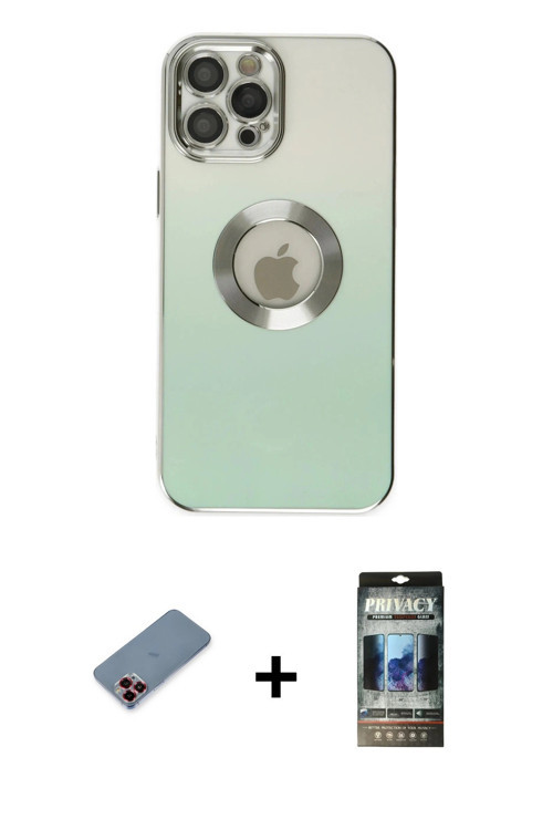 ieg™ iPhone 12 Pro Kılıf Kutup Yansıma Özel Seri - Siyah 34D Hayalet Izgaralı Cam + Kırmızı Metal Ka