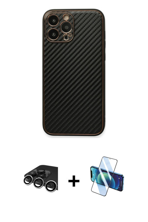 ieg™ iPhone 13 Pro Max Kılıf Ahenk Işık - Siyah 3D Antistatik Cam Ekran Koruyucu + Gümüş Raze Metal
