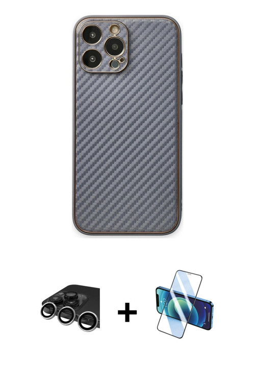 ieg™ iPhone 13 Pro Max Kılıf Ahenk Işık - Siyah 3D Antistatik Cam Ekran Koruyucu + Gümüş Raze Metal