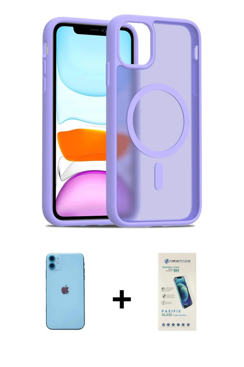 ieg™ iPhone 11 Kılıf Siluet Minimal Prime - Şeffaf Pasifik Cam Ekran Koruyucu + Mavi Neon Fosforlu K