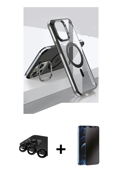 ieg™ iPhone 15 Pro Kılıf Vadi Çizgi Özel Seri - Siyah 3D Antistatik Hayalet Cam Ekran Koruyucu + Siy